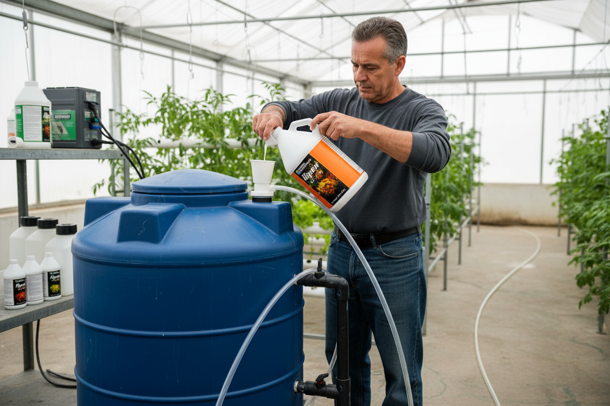 Agricultor vertiendo Ripen en tinaco de riego