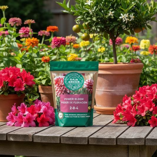 Gaia Green Power Bloom en jardín de traspatio con azaleas, zinias y naranjo enano