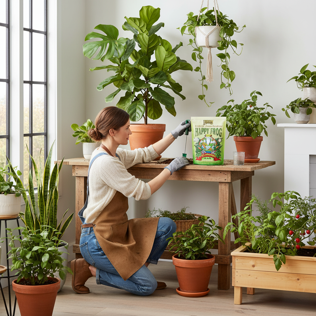 Mujer profesional usando FoxFarm Happy Frog en jardín interior